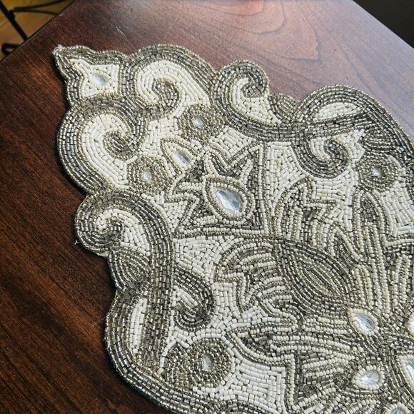 Pier 1 Hand Beaded Table Runner White Silver Luxury Tableware 12x39” - Picture 2 of 16